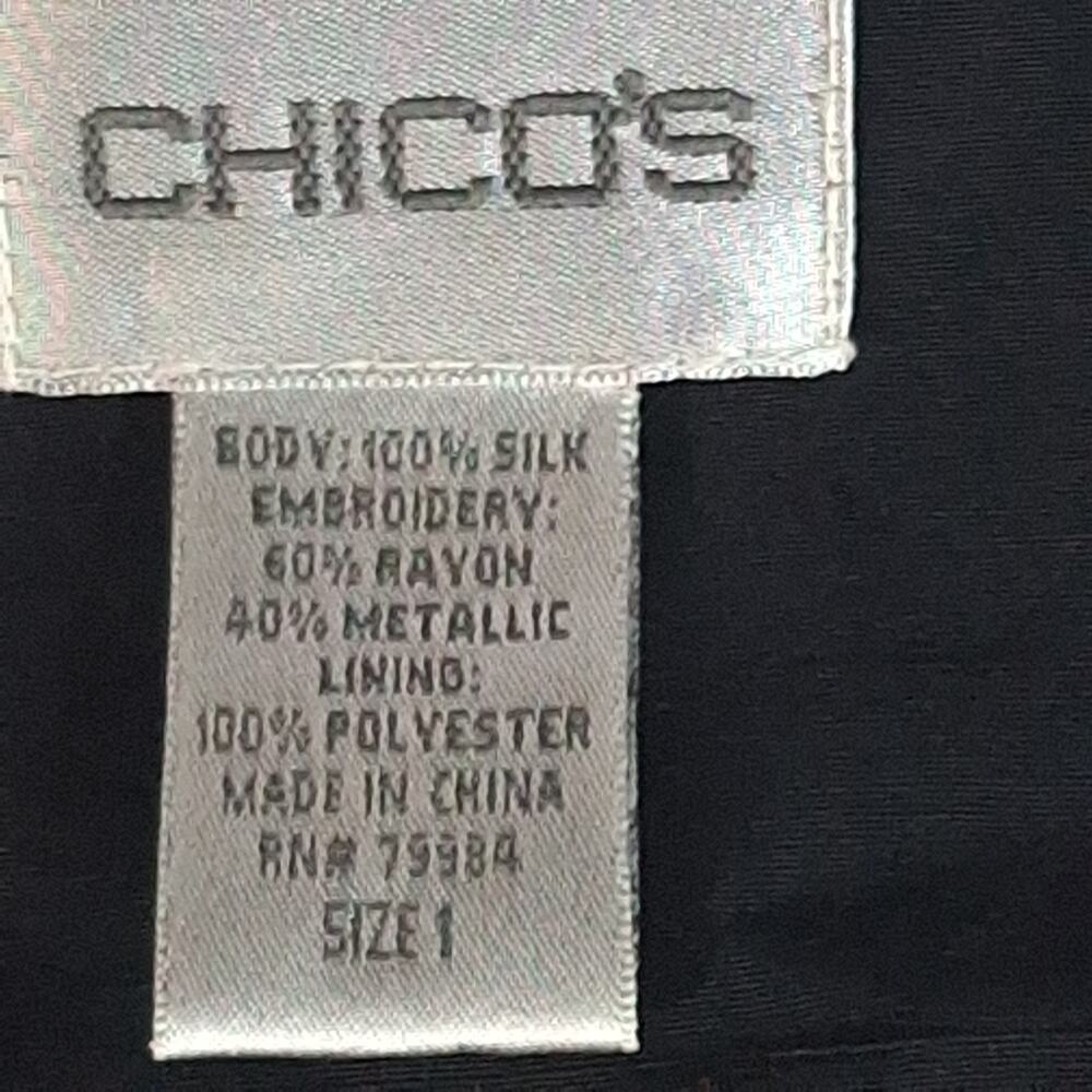 Silk Embroidered Black Duster Jacket w/ Metallic Accents Chico’s Size 1 (M-8/10) - Picture 11 of 13